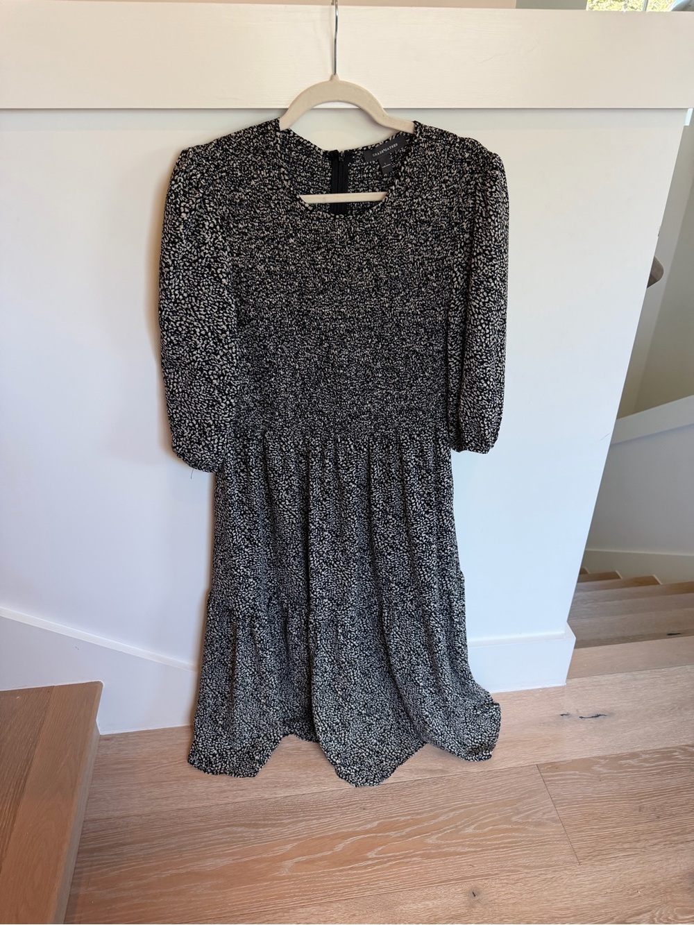 Grade and Gather Black and White Smocked Long Sleeve Women's Midi Dress Large